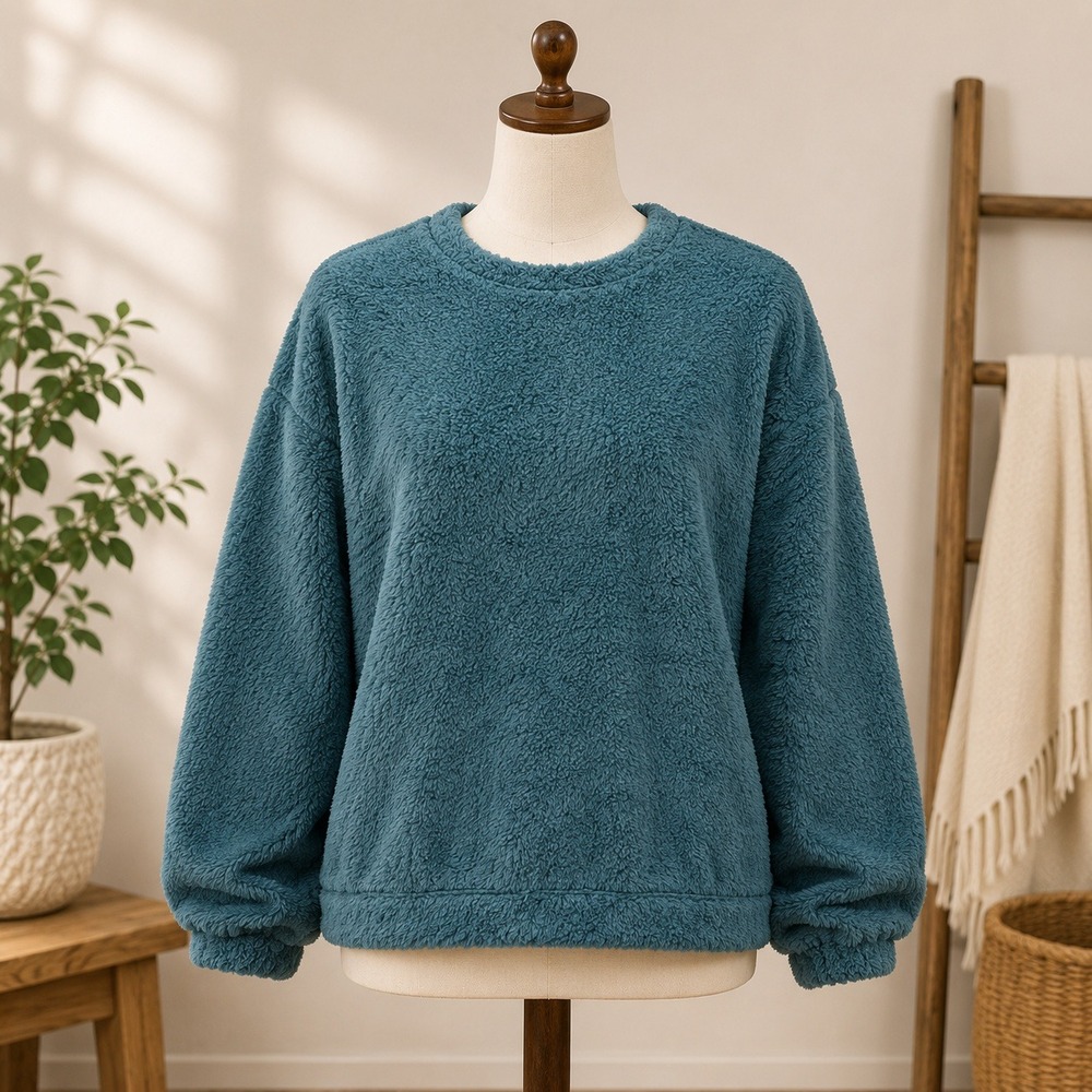 NWT Cupshe Sherpa Fleece Sweatshirt Womens XL Teal Blue‎ Fuzzy Plush Pullover